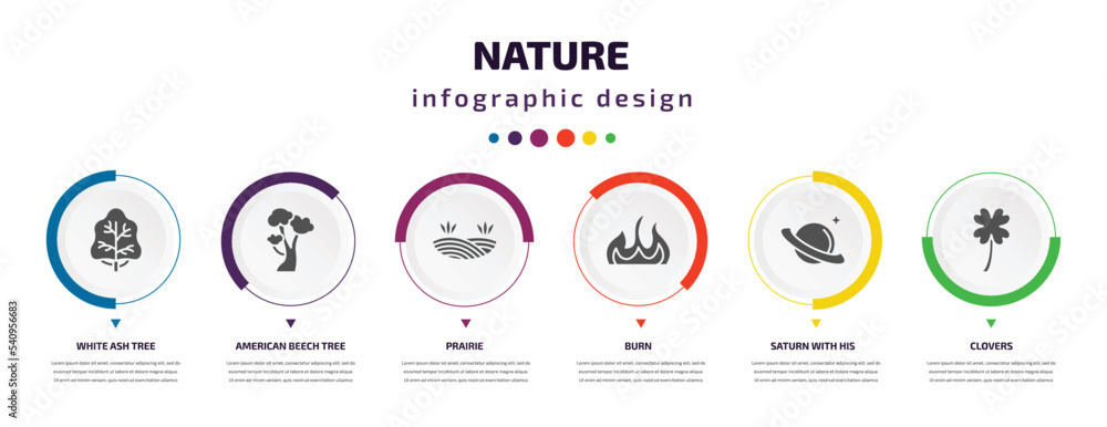 nature infographic element with icons and 6 step or option. nature icons such as white ash tree, american beech tree, prairie, burn, saturn with his ring, clovers vector. can be used for banner, nature infographic element with icons and 6 step or option. nature icons such as white ash tree, american beech tree, prairie, burn, saturn with his ring, clovers vector. can be used for banner,