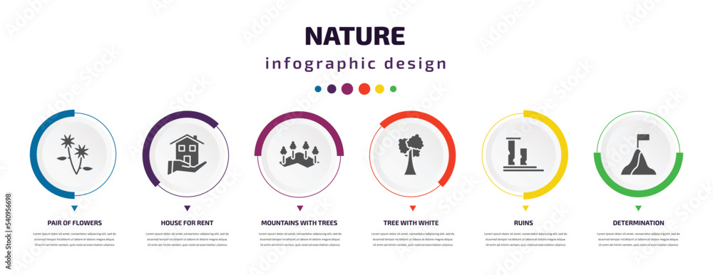 nature infographic element with icons and 6 step or option. nature icons such as pair of flowers, house for rent, mountains with trees, tree with white foliage, ruins, determination vector. can be nature infographic element with icons and 6 step or option. nature icons such as pair of flowers, house for rent, mountains with trees, tree with white foliage, ruins, determination vector. can be