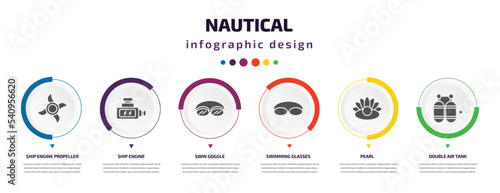 nautical infographic element with icons and 6 step or option. nautical icons such as ship engine propeller, ship engine, swin goggle, swimming glasses, pearl, double air tank vector. can be used for