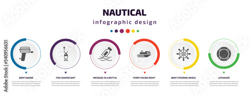 nautical infographic element with icons and 6 step or option. nautical icons such as boat engine, fish shaped bait, message in a bottle, ferry facing right, boat steering wheel, lifesaver vector.