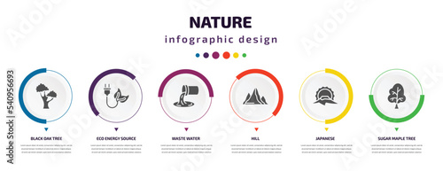 nature infographic element with icons and 6 step or option. nature icons such as black oak tree, eco energy source, waste water, hill, japanese, sugar maple tree vector. can be used for banner, info