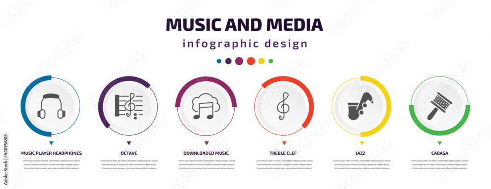 music and media infographic element with icons and 6 step or option. music and media icons such as music player headphones, octave, downloaded cloud, treble clef, jazz, cabasa vector. can be used music and media infographic element with icons and 6 step or option. music and media icons such as music player headphones, octave, downloaded cloud, treble clef, jazz, cabasa vector. can be used