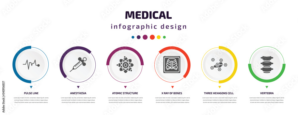 medical infographic element with icons and 6 step or option. medical icons such as pulse line, anesthesia, atomic structure, x ray of bones, three hexagons cell, vertebra vector. can be used for medical infographic element with icons and 6 step or option. medical icons such as pulse line, anesthesia, atomic structure, x ray of bones, three hexagons cell, vertebra vector. can be used for