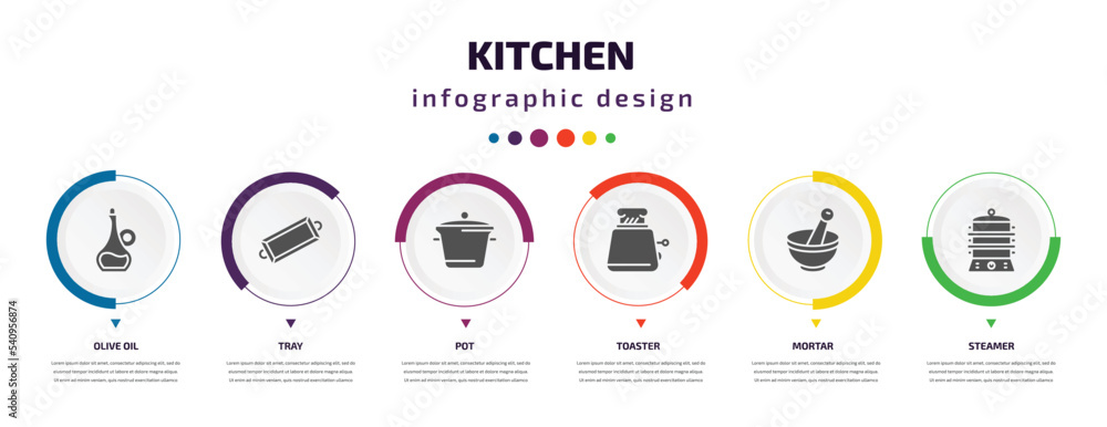 kitchen infographic element with icons and 6 step or option. kitchen icons such as olive oil, tray, pot, toaster, mortar, steamer vector. can be used for banner, info graph, web, presentations. kitchen infographic element with icons and 6 step or option. kitchen icons such as olive oil, tray, pot, toaster, mortar, steamer vector. can be used for banner, info graph, web, presentations.