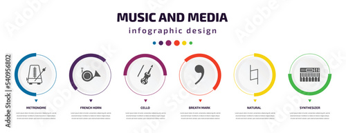 music and media infographic element with icons and 6 step or option. music and media icons such as metronome, french horn, cello, breath mark, natural, synthesizer vector. can be used for banner,