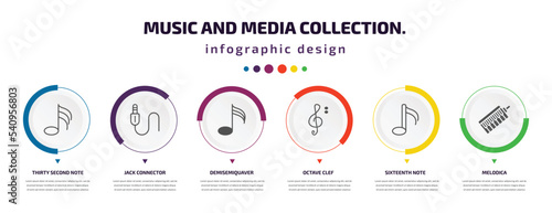 music and media collection. infographic element with icons and 6 step or option. music and media collection. icons such as thirty second note, jack connector, demisemiquaver, octave clef, sixteenth