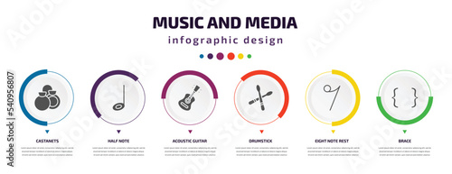 music and media infographic element with icons and 6 step or option. music and media icons such as castanets, half note, acoustic guitar, drumstick, eight note rest, brace vector. can be used for