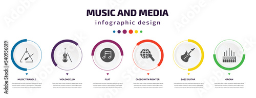 music and media infographic element with icons and 6 step or option. music and media icons such as music triangle, violoncello, flat, globe with pointer, bass guitar, organ vector. can be used for