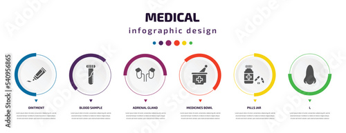 medical infographic element with icons and 6 step or option. medical icons such as ointment, blood sample, adrenal gland, medicines bowl, pills jar, l vector. can be used for banner, info graph,