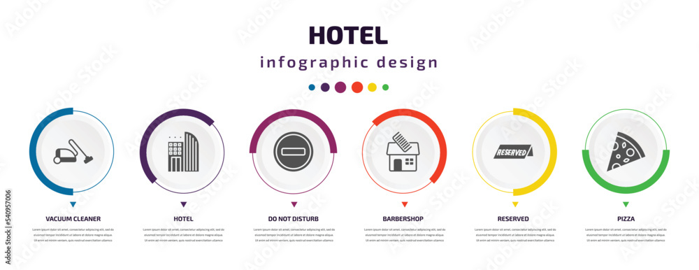 hotel infographic element with icons and 6 step or option. hotel icons such as vacuum cleaner, hotel, do not disturb, barbershop, reserved, pizza vector. can be used for banner, info graph, web, hotel infographic element with icons and 6 step or option. hotel icons such as vacuum cleaner, hotel, do not disturb, barbershop, reserved, pizza vector. can be used for banner, info graph, web,