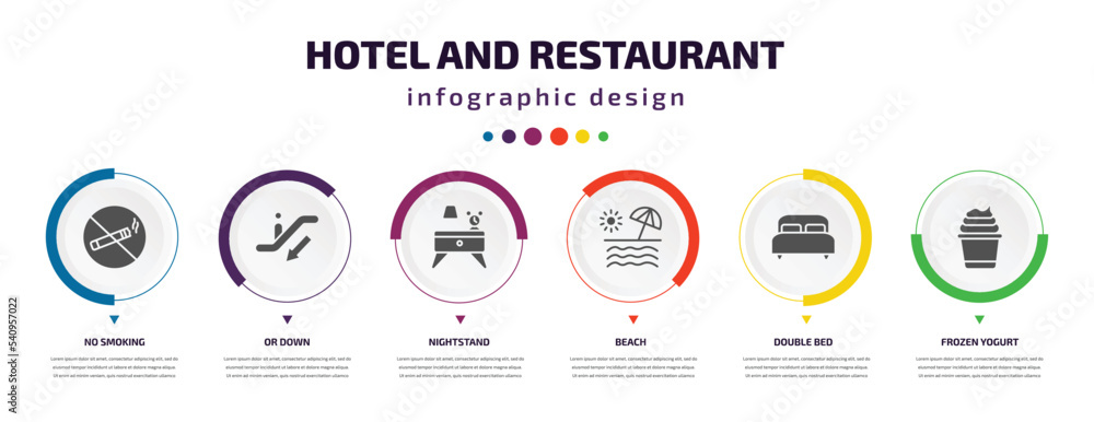 hotel and restaurant infographic element with icons and 6 step or option. hotel and restaurant icons such as no smoking, or down, nightstand, beach, double bed, frozen yogurt vector. can be used for hotel and restaurant infographic element with icons and 6 step or option. hotel and restaurant icons such as no smoking, or down, nightstand, beach, double bed, frozen yogurt vector. can be used for