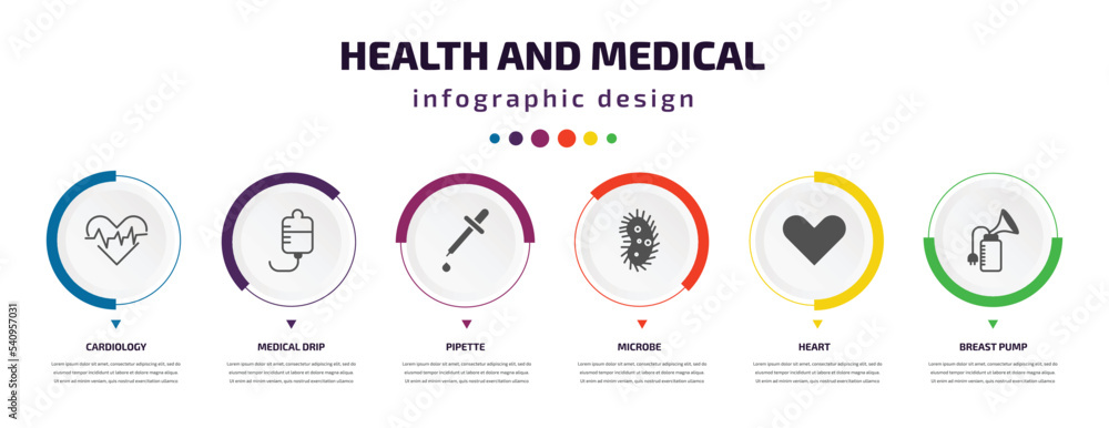 health and medical infographic element with icons and 6 step or option. health and medical icons such as cardiology, medical drip, pipette, microbe, heart, breast pump vector. can be used for health and medical infographic element with icons and 6 step or option. health and medical icons such as cardiology, medical drip, pipette, microbe, heart, breast pump vector. can be used for