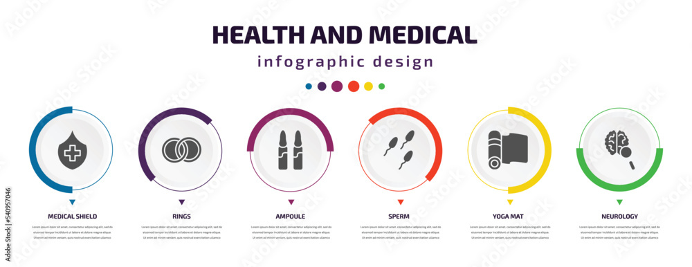 health and medical infographic element with icons and 6 step or option. health and medical icons such as medical shield, rings, ampoule, sperm, yoga mat, neurology vector. can be used for banner, health and medical infographic element with icons and 6 step or option. health and medical icons such as medical shield, rings, ampoule, sperm, yoga mat, neurology vector. can be used for banner,