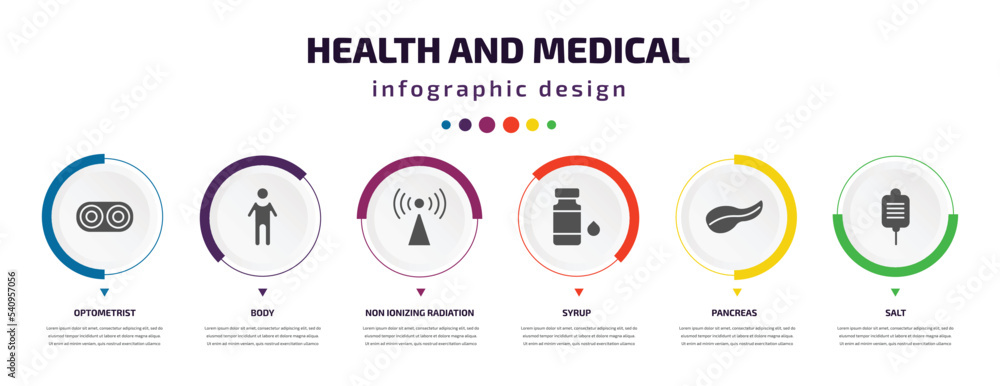 health and medical infographic element with icons and 6 step or option. health and medical icons such as optometrist, body, non ionizing radiation, syrup, pancreas, salt vector. can be used for health and medical infographic element with icons and 6 step or option. health and medical icons such as optometrist, body, non ionizing radiation, syrup, pancreas, salt vector. can be used for