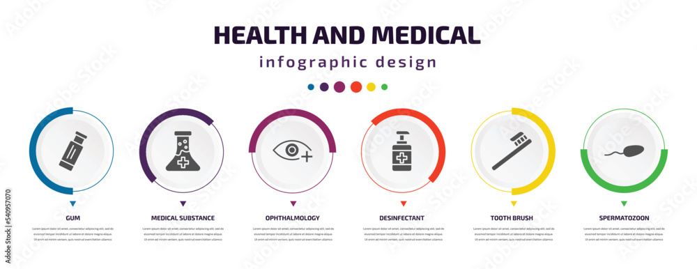 health and medical infographic element with icons and 6 step or option. health and medical icons such as gum, medical substance, ophthalmology, desinfectant, tooth brush, spermatozoon vector. can be health and medical infographic element with icons and 6 step or option. health and medical icons such as gum, medical substance, ophthalmology, desinfectant, tooth brush, spermatozoon vector. can be