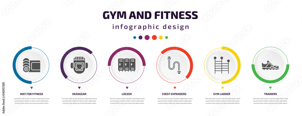 gym and fitness infographic element with icons and 6 step or option. gym and fitness icons such as mat for fitness, headgear, locker, chest expanders, gym ladder, trainers vector. can be used for gym and fitness infographic element with icons and 6 step or option. gym and fitness icons such as mat for fitness, headgear, locker, chest expanders, gym ladder, trainers vector. can be used for