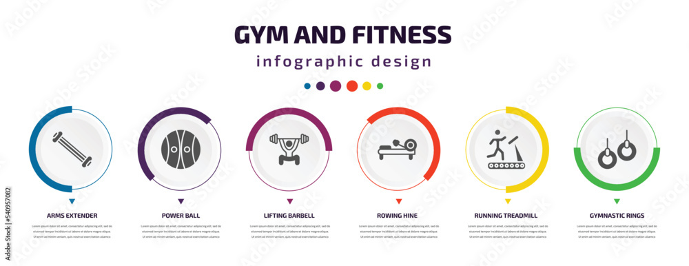 gym and fitness infographic element with icons and 6 step or option. gym and fitness icons such as arms extender, power ball, lifting barbell, rowing hine, running treadmill, gymnastic rings vector. gym and fitness infographic element with icons and 6 step or option. gym and fitness icons such as arms extender, power ball, lifting barbell, rowing hine, running treadmill, gymnastic rings vector.