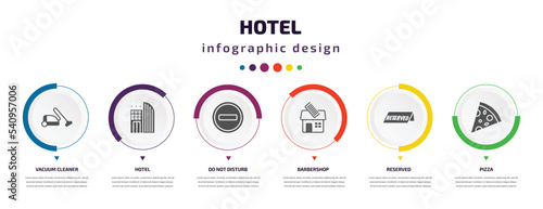 hotel infographic element with icons and 6 step or option. hotel icons such as vacuum cleaner, hotel, do not disturb, barbershop, reserved, pizza vector. can be used for banner, info graph, web,