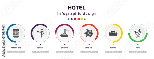 hotel infographic element with icons and 6 step or option. hotel icons such as vending hine, servant, spaghetti, fried egg, takoyaki, olives vector. can be used for banner, info graph, web,