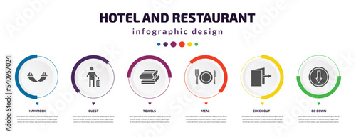 hotel and restaurant infographic element with icons and 6 step or option. hotel and restaurant icons such as hammock, guest, towels, meal, check out, go down vector. can be used for banner, info