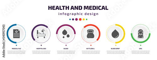 health and medical infographic element with icons and 6 step or option. health and medical icons such as medical file, hospital bed, blood, kettlebell, blood drop, girl vector. can be used for