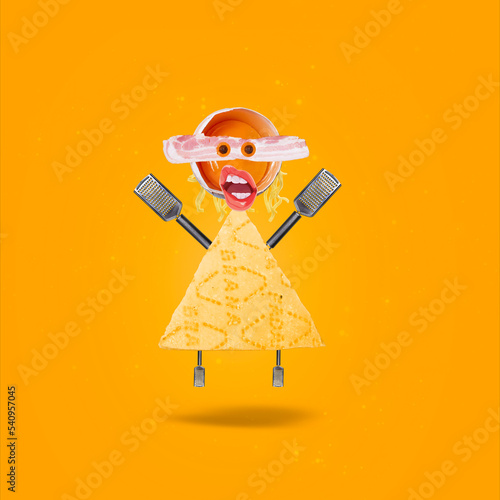 Contemporary art collage. Carbonara pasta theme. Funny graphics on a yellow background.
Character of Parmesan cheese, yolk, graters for cheese and tagiatelle pasta.
Crazy style. Modern food concept.