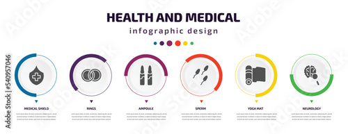 health and medical infographic element with icons and 6 step or option. health and medical icons such as medical shield, rings, ampoule, sperm, yoga mat, neurology vector. can be used for banner,