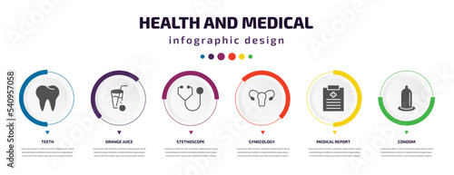 health and medical infographic element with icons and 6 step or option. health and medical icons such as teeth, orange juice, stethoscope, gynecology, medical report, condom vector. can be used for