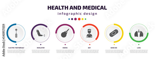 health and medical infographic element with icons and 6 step or option. health and medical icons such as electric toothbrush, inhalator, enema, boy, band aid, lung vector. can be used for banner,