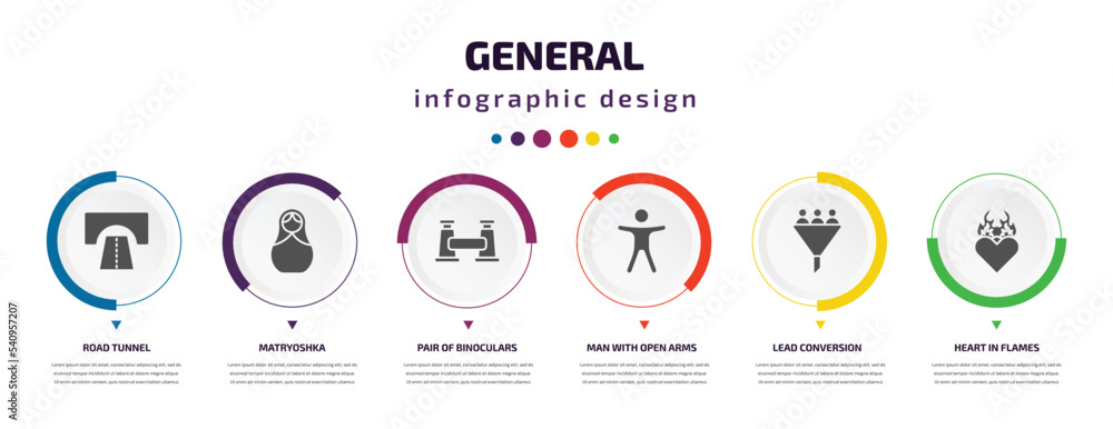 general infographic element with icons and 6 step or option. general icons such as road tunnel, matryoshka, pair of binoculars, man with open arms, lead conversion, heart in flames vector. can be general infographic element with icons and 6 step or option. general icons such as road tunnel, matryoshka, pair of binoculars, man with open arms, lead conversion, heart in flames vector. can be