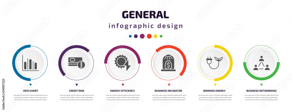general infographic element with icons and 6 step or option. general icons such as info chart, credit risk, energy efficiency, business incubator, biomass energy, business networking vector. can be general infographic element with icons and 6 step or option. general icons such as info chart, credit risk, energy efficiency, business incubator, biomass energy, business networking vector. can be