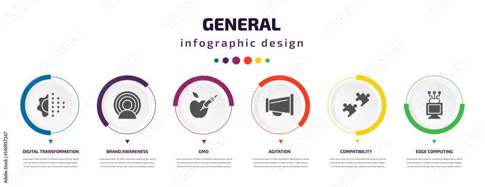general infographic element with icons and 6 step or option. general icons such as digital transformation, brand awareness, gmo, agitation, compatibility, edge computing vector. can be used for general infographic element with icons and 6 step or option. general icons such as digital transformation, brand awareness, gmo, agitation, compatibility, edge computing vector. can be used for