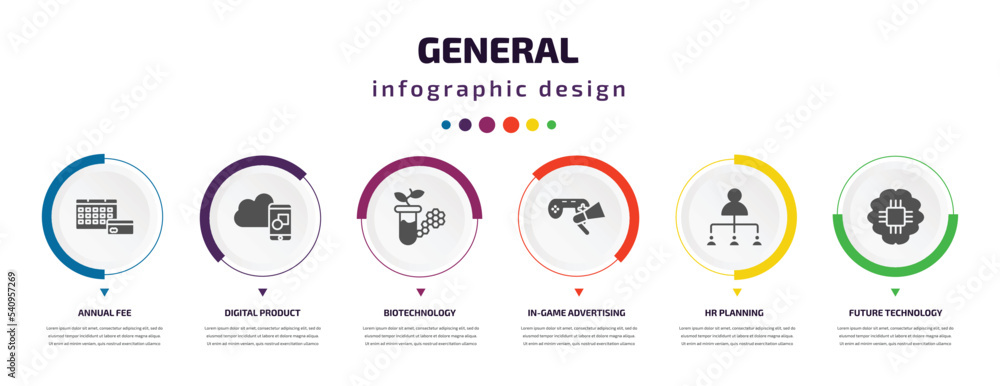 general infographic element with icons and 6 step or option. general icons such as annual fee, digital product, biotechnology, in-game advertising, hr planning, future technology vector. can be used general infographic element with icons and 6 step or option. general icons such as annual fee, digital product, biotechnology, in-game advertising, hr planning, future technology vector. can be used