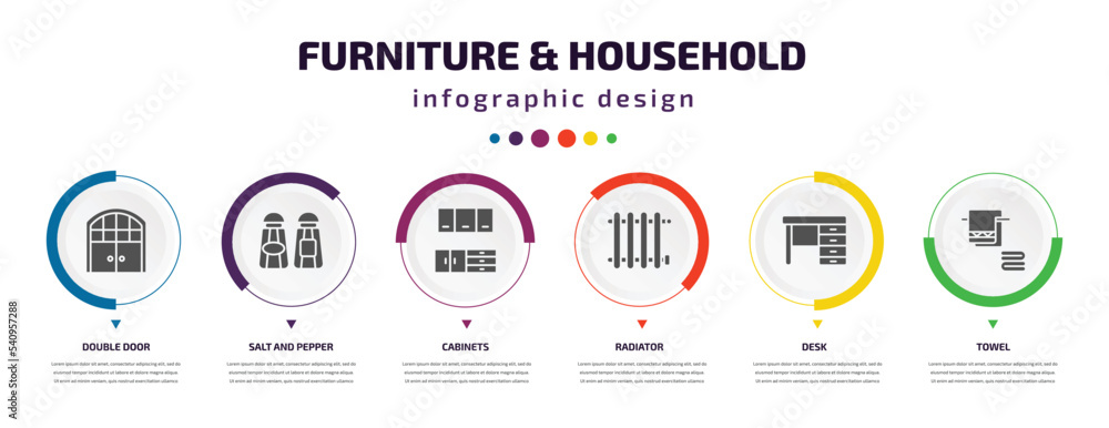 furniture & household infographic element with icons and 6 step or option. furniture & household icons such as double door, salt and pepper shakers, cabinets, radiator, desk, towel vector. can be furniture & household infographic element with icons and 6 step or option. furniture & household icons such as double door, salt and pepper shakers, cabinets, radiator, desk, towel vector. can be