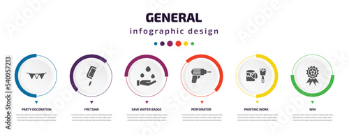 general infographic element with icons and 6 step or option. general icons such as party decoration, fretsaw, save water badge, perforator, painting work, win vector. can be used for banner, info