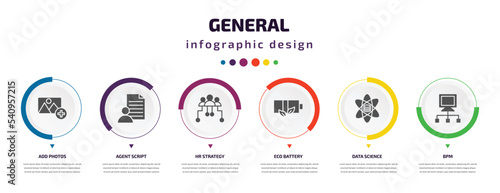 general infographic element with icons and 6 step or option. general icons such as add photos, agent script, hr strategy, eco battery, data science, bpm vector. can be used for banner, info graph,