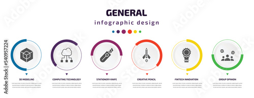 general infographic element with icons and 6 step or option. general icons such as 3d modeling, computing technology, stationery knife, creative pencil rocket, fintech innovation, group opinion