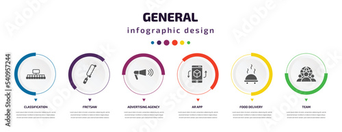 general infographic element with icons and 6 step or option. general icons such as classification, fretsaw, advertising agency, ar app, food delivery, team vector. can be used for banner, info