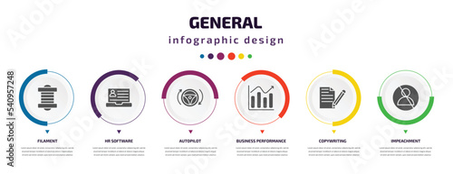 general infographic element with icons and 6 step or option. general icons such as filament, hr software, autopilot, business performance, copywriting, impeachment vector. can be used for banner,