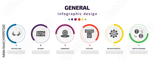 general infographic element with icons and 6 step or option. general icons such as affiliate link, ar game, coordinate, atm cash, big data scientist, crypto-exchange vector. can be used for banner,