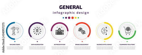 general infographic element with icons and 6 step or option. general icons such as building crane, data aggregation, ar presentation, brand engagement, business intelligence, ecommerce solutions