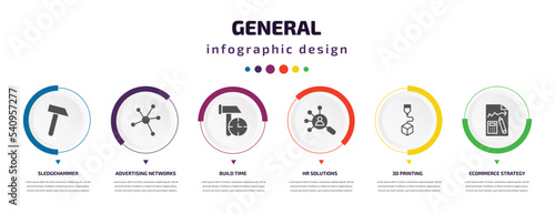 general infographic element with icons and 6 step or option. general icons such as sledgehammer, advertising networks, build time, hr solutions, 3d printing, ecommerce strategy vector. can be used