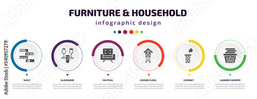 furniture & household infographic element with icons and 6 step or option. furniture & household icons such as shelf, glassware, fauteuil, cuckoo clock, chimney, laundry hamper vector. can be used