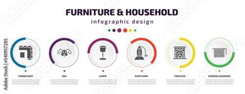 furniture & household infographic element with icons and 6 step or option. furniture & household icons such as corner sofa, dog, lamps, sump pump, fireplace, window coverings vector. can be used for