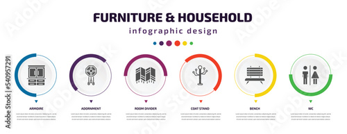furniture & household infographic element with icons and 6 step or option. furniture & household icons such as armoire, adornment, room divider, coat stand, bench, wc vector. can be used for banner,