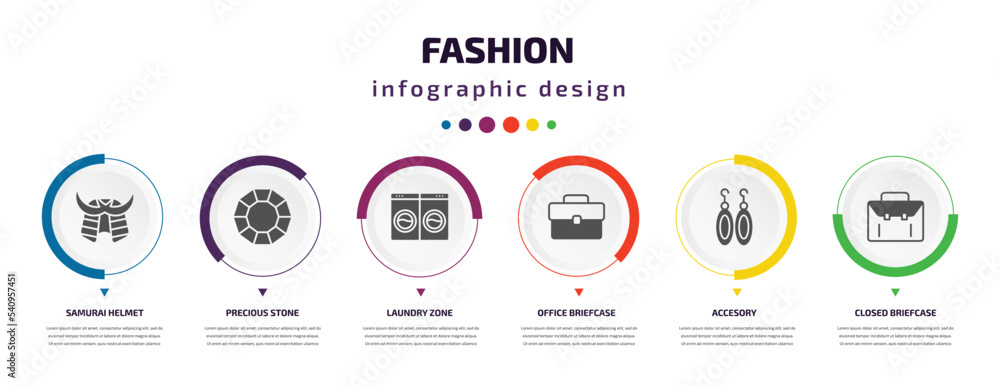 fashion infographic element with icons and 6 step or option. fashion icons such as samurai helmet, precious stone, laundry zone, office briefcase, accesory, closed briefcase vector. can be used for fashion infographic element with icons and 6 step or option. fashion icons such as samurai helmet, precious stone, laundry zone, office briefcase, accesory, closed briefcase vector. can be used for