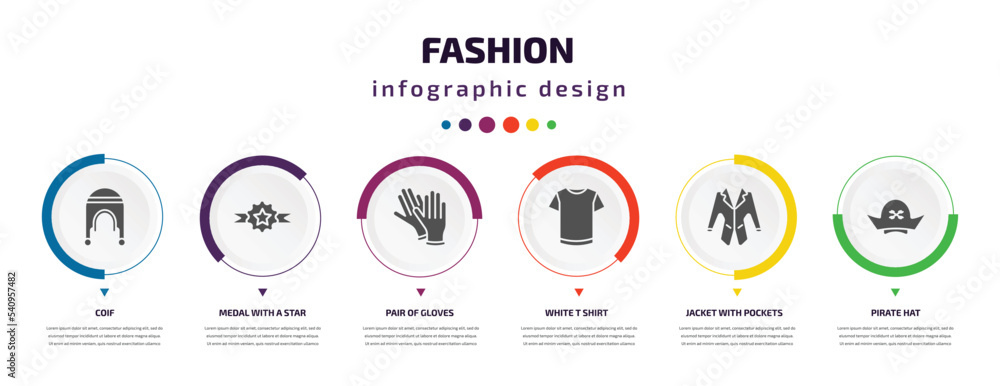 fashion infographic element with icons and 6 step or option. fashion icons such as coif, medal with a star, pair of gloves, white t shirt, jacket with pockets, pirate hat vector. can be used for fashion infographic element with icons and 6 step or option. fashion icons such as coif, medal with a star, pair of gloves, white t shirt, jacket with pockets, pirate hat vector. can be used for