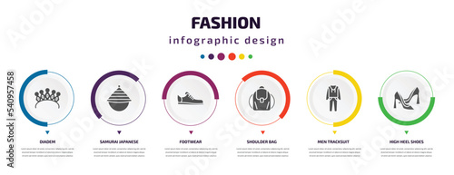 fashion infographic element with icons and 6 step or option. fashion icons such as diadem, samurai japanese hat, footwear, shoulder bag, men tracksuit, high heel shoes vector. can be used for