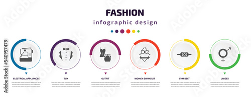 fashion infographic element with icons and 6 step or option. fashion icons such as electrical appliances, tux, outfit, women swimsuit, gym belt, unisex vector. can be used for banner, info graph,