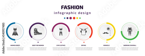 fashion infographic element with icons and 6 step or option. fashion icons such as women drees, boot for women, gym clothes, drying, monocle, working coverall vector. can be used for banner, info